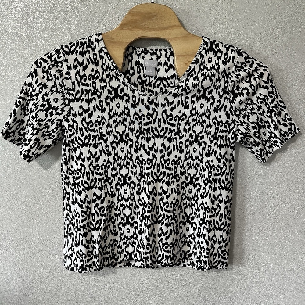 Chicos Everyday V-Neck TShirt Size 2/Large Black White Pattern Pima Cotton